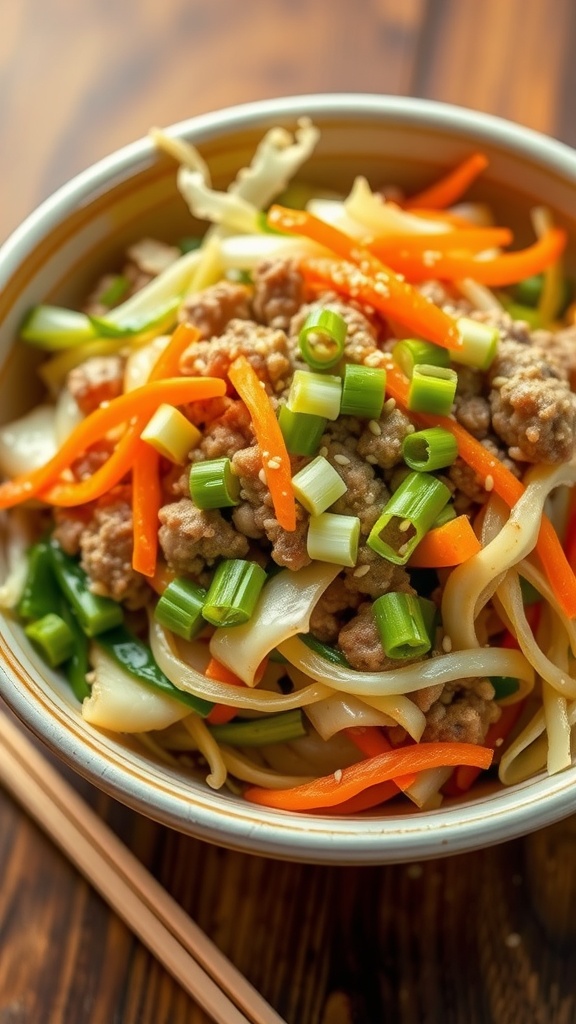 Savory Cabbage Egg Roll Bowl Recipe Cabbage egg roll bowl with ground pork and carrots, garnished with green onions and sesame seeds.